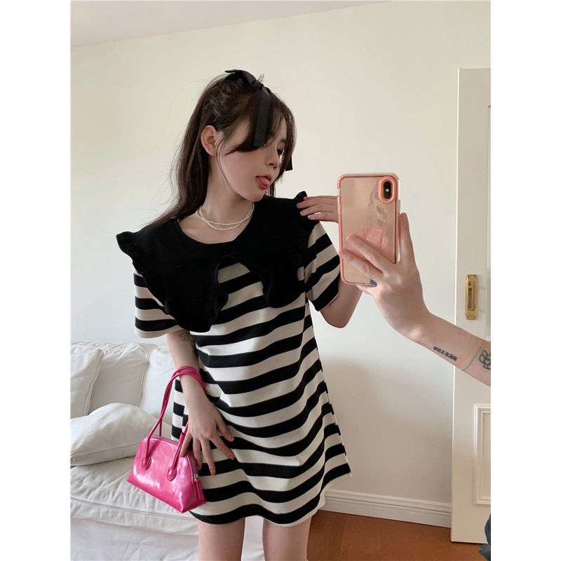 Đầm Xiaozhainv ngắn tay cổ búp bê dáng rộng họa tiết kẻ sọc phong cách Pháp thời trang mùa hè cho nữ