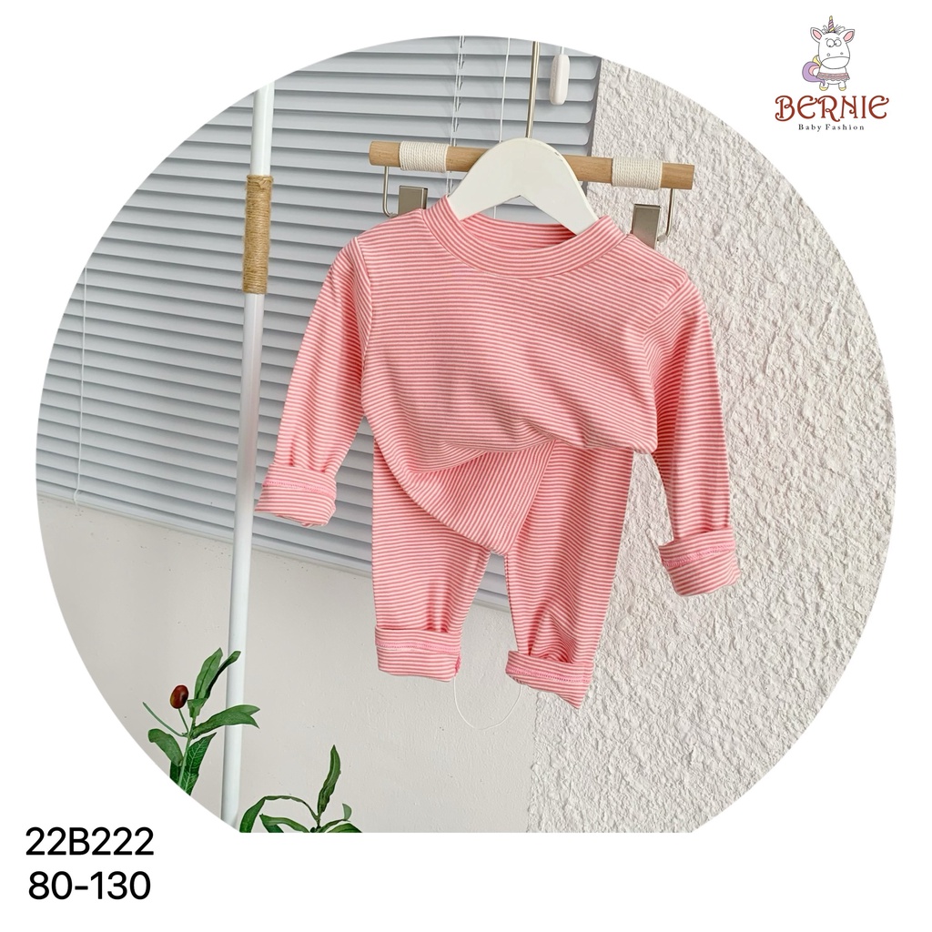 Bộ kẻ cổ lọ unisex cho bé, bộ thun dài tay cao cổ cotton thu đông cho bé