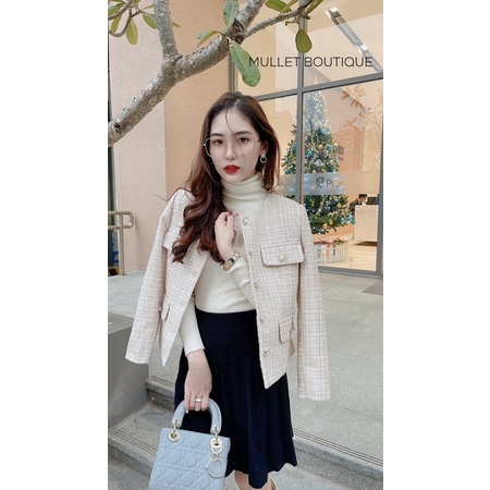 ÁO TWEED THỜI TRANG BEIGE HAI NẮP TÚI
