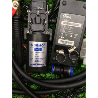 Bộ phun sương mini 5 béc sử dụng bơm SUMO nguồn 12V5A 5 bộ béc phun sương 5m dây phun sương Đài Loan 1m dây hút lọc rác