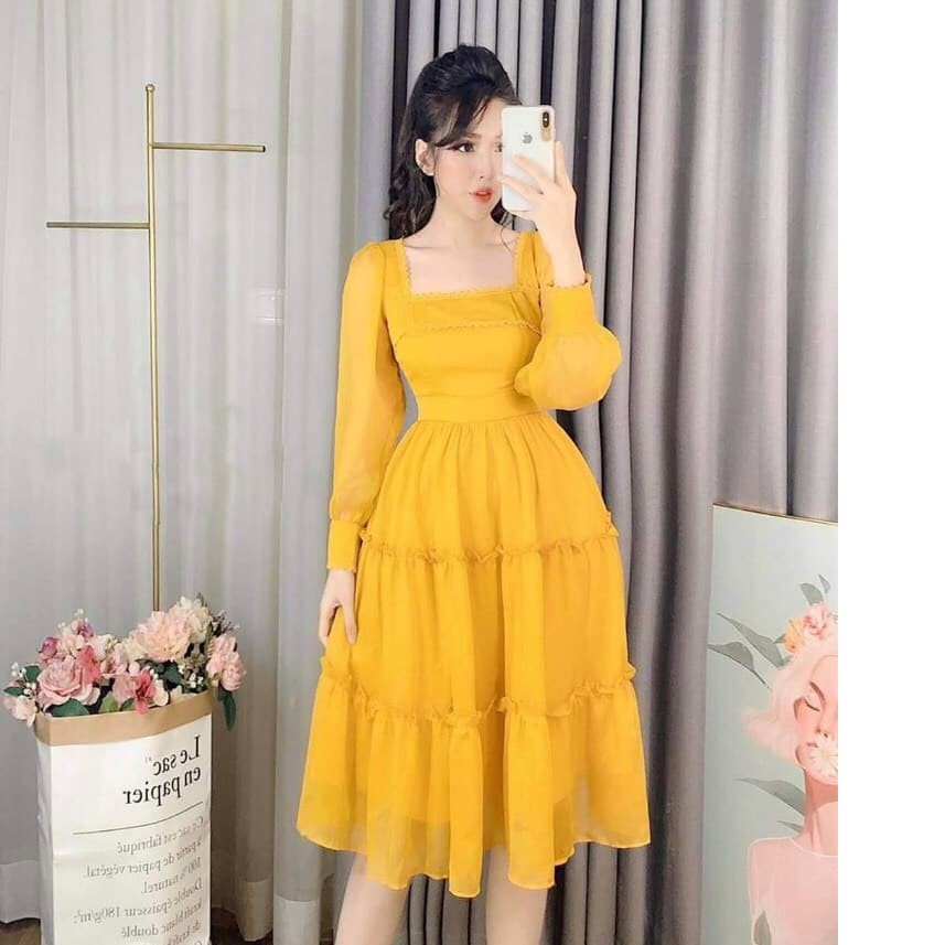 Đầm Nhún Bèo Tay Dài Cổ Vuông Chất Liệu Voan Dày 2 Lớp Thời Trang SOPHIA