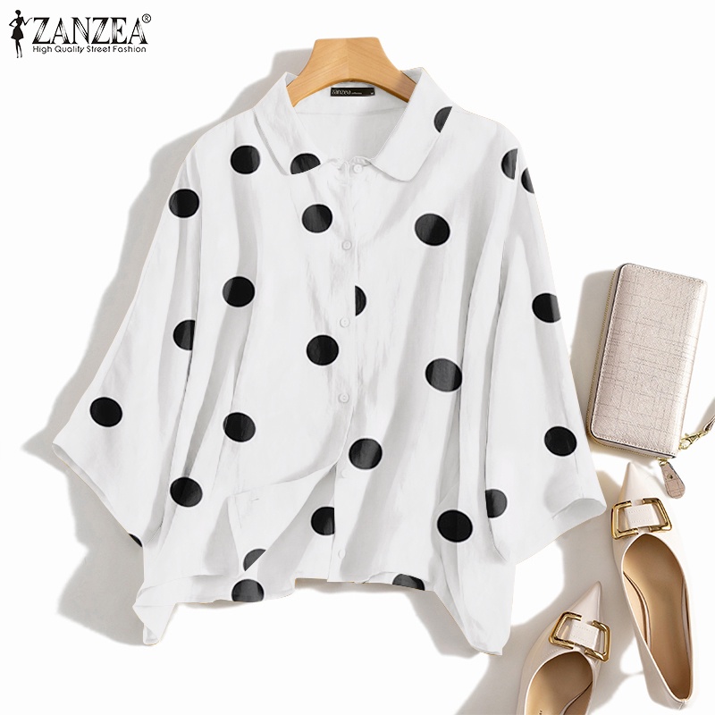 ZANZEA Áo Sơ Mi Nữ Tay Dài Cổ Bẻ Họa Tiết Chấm Bi Thời Trang