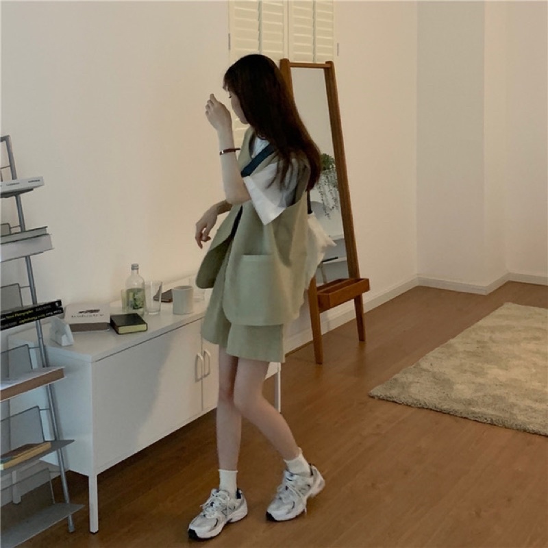 Set áo gile + quần short be vintage dễ thương ulzzang Hàn Quốc