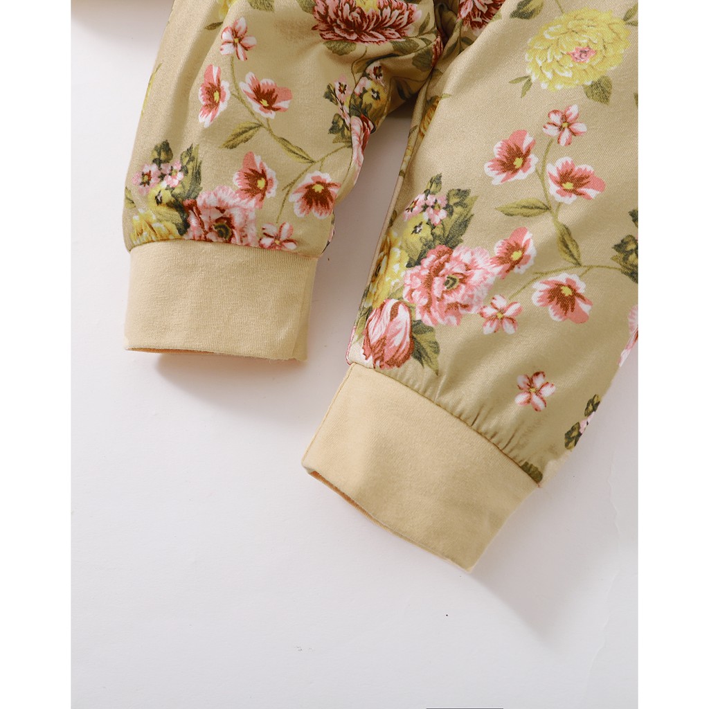 Bộ áo liền quần Mikrdoo hoạ tiết in chữ cái tay ngắn và quần hoa xinh xắn kèm băng đô dễ thương cho bé yêu