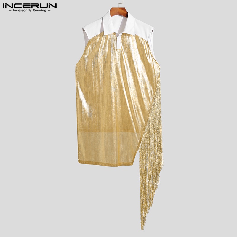 Áo sơ mi INCERUN sát nách phối tua rua lấp lánh cá tính tùy chọn màu sắc cho nam