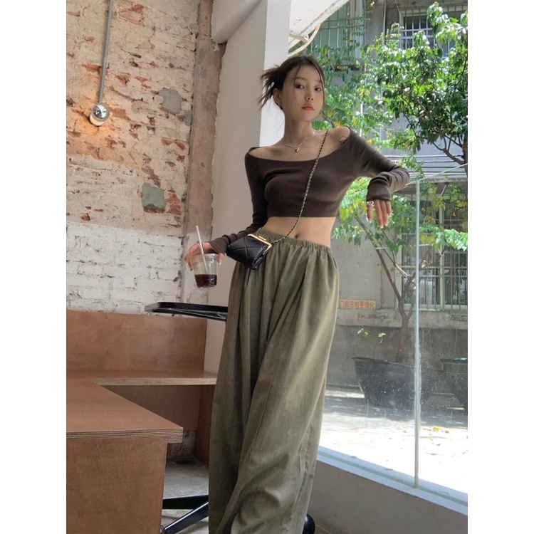 QADCOL  Set Áo Thun Lửng Dài Tay Và Quần Dài Ống Rộng Thời Trang Dành Cho Nữ