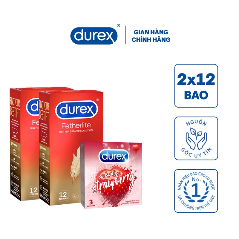 Bộ 2 Bao cao su Durex Fetherlite (12 bao/hộp) + Tặng 1 hộp Durex Sensual Strawberry (3 bao/hộp)
