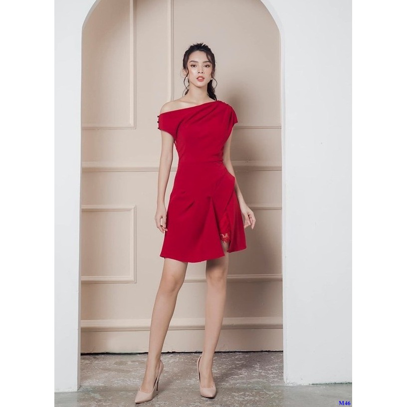 Đầm Xòe Đỏ Lệch Vai Phối Ren Dễ Thương