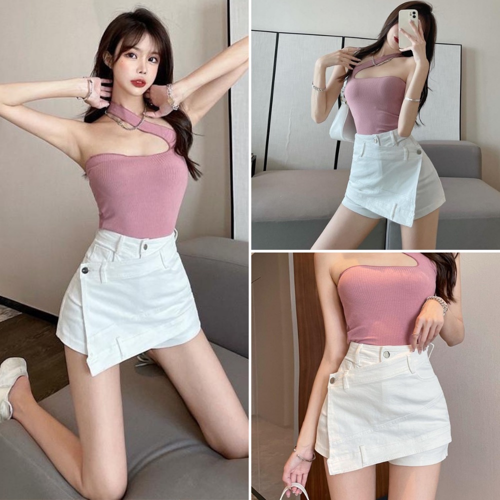 Quần nữ ngắn, quần nữ giả váy chất kaki co dãn màu trắng đen size S M L SKUCV-07C