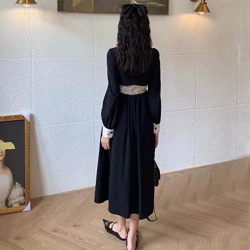 IELGY    Square Collar Stitching Hepburn Style Thin Women's Retro Dress