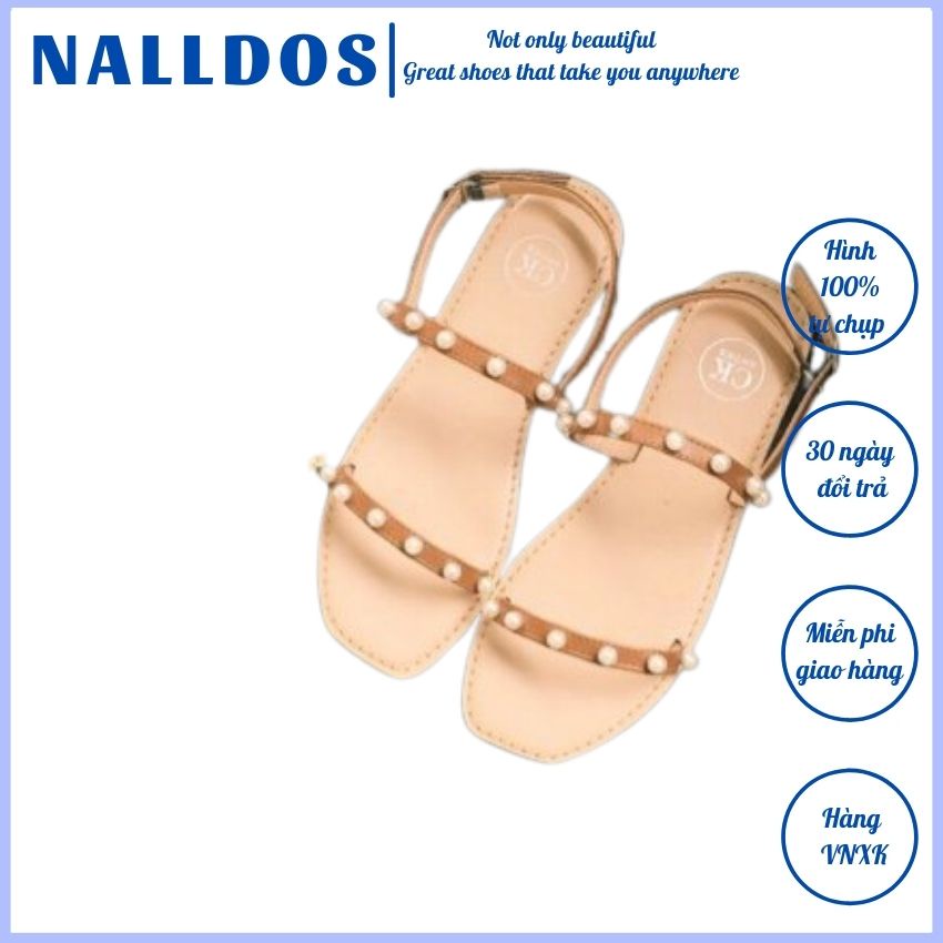 Giày nữ NALLDOS Sandal 2 bản ngang dây mảnh đế thấp chống trượt 4 màu(Đen, Bò, Trắng và Kem)