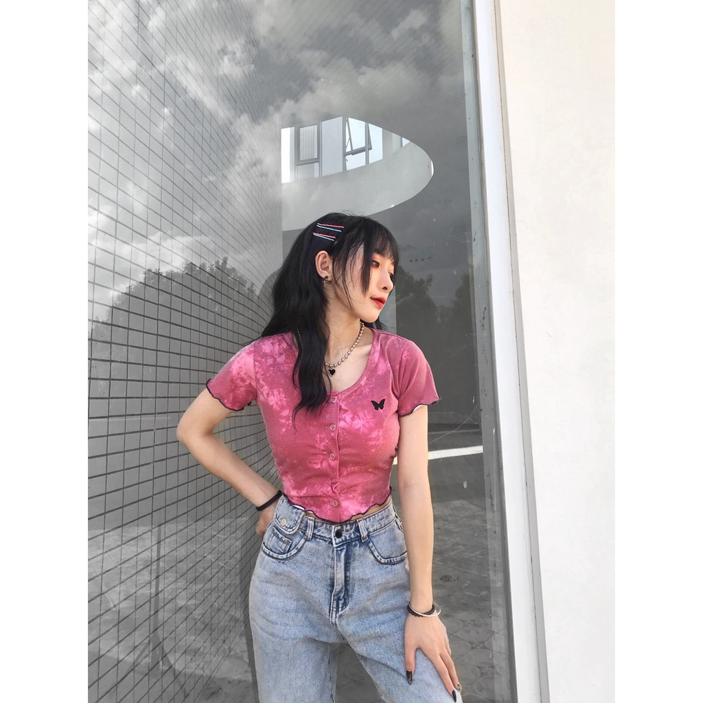 Áo Croptop Nữ Tay Ngắn Tiedye Butterfly In Loang Màu Ulzzang (Ảnh Thật)