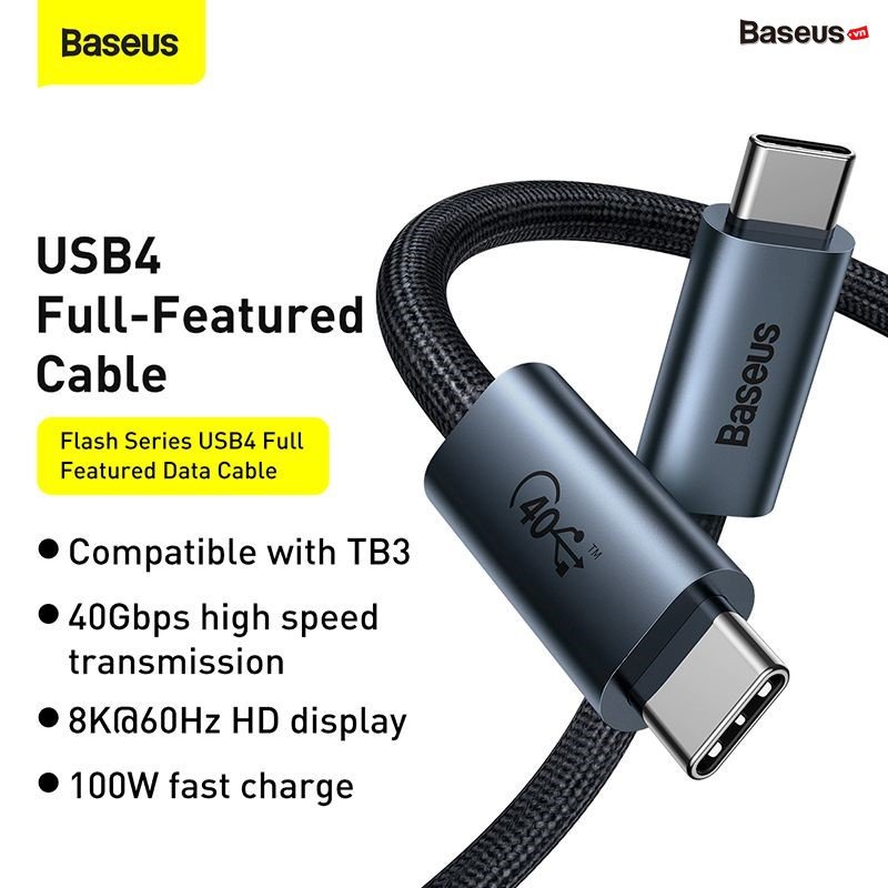 Cáp sạc siêu nhanh, dây sạc siêu nhanh Baseus Flash Series USB4.0 Full Featured Data Cable Type-C to Type-C 100W 40Gbps