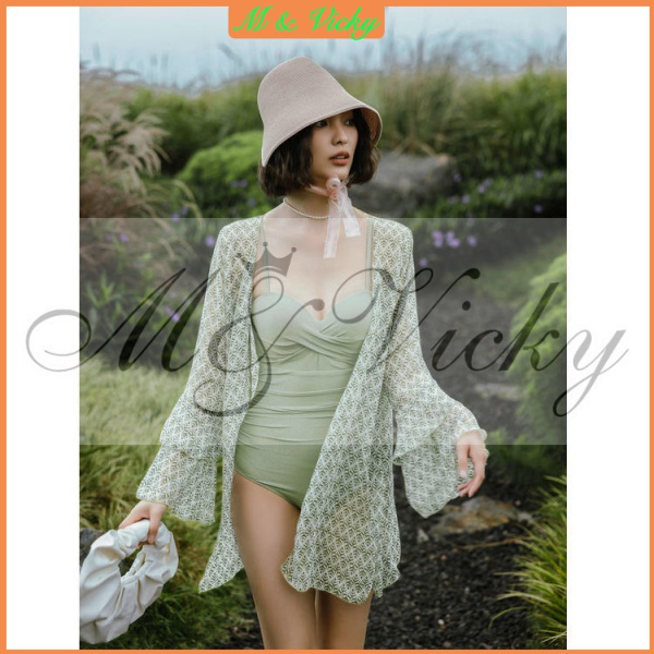 Two Pieces Sets Swimsuit Women Sweet Ins Small Chest Gather Thin Sexy Sun Protection Cover Up with Bikini Swimwear