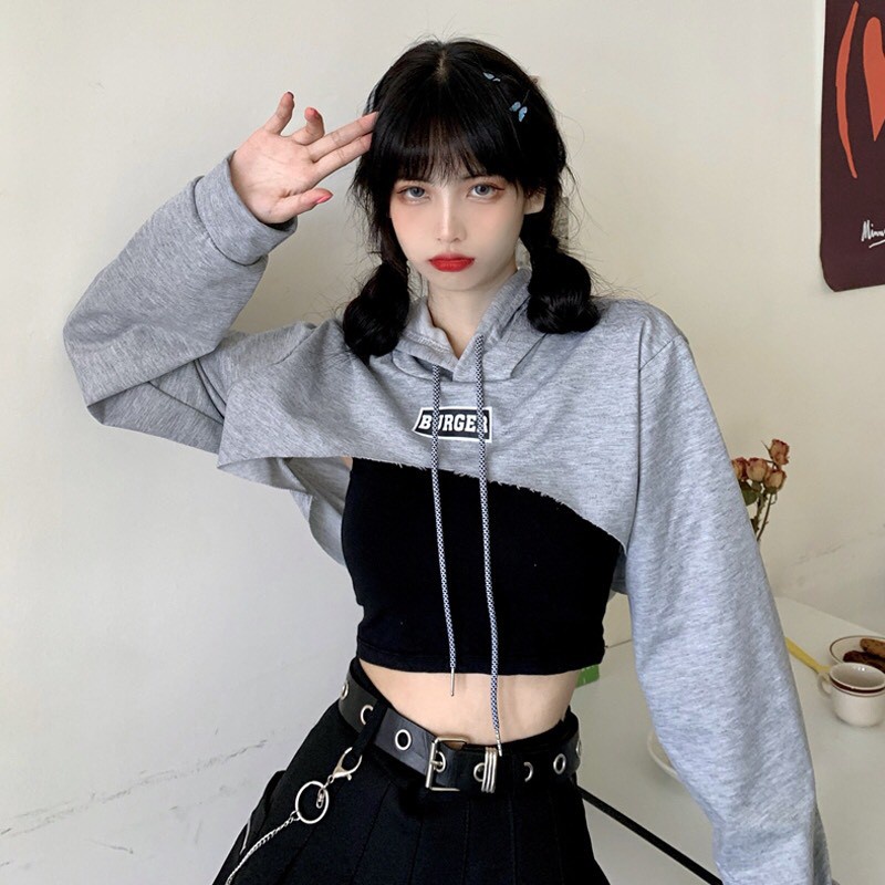 SET 2 MÓN ÁO HOODIE CROPTOP BURGER Cut out Xanh neon Xám Đen + Áo Tanktop Đen ULZZANG