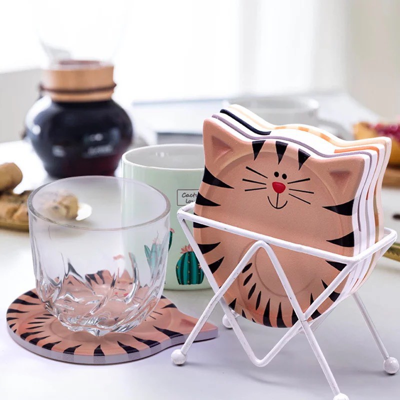 Bộ đĩa lót, khay lót cốc café mini 4 chiếc hình mèo dễ thương - Đĩa lót gốm sứ siêu nhẹ, bền đẹp-Đĩa lót trang trí