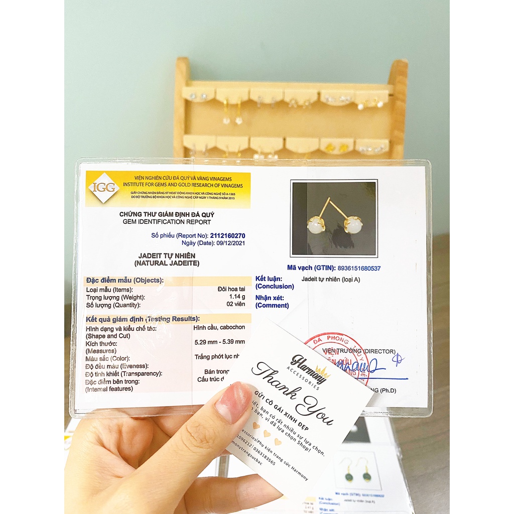 Bông tai, Khuyên tai nữ bạc mạ vàng mặt ngọc bích nhân tạo nhỏ đơn giản, xinh xắn, cực sang K191 TRANG SỨC BẠC HARMONY