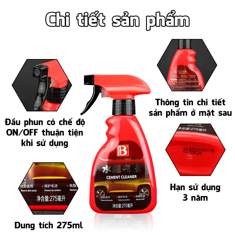 Chai xịt tẩy xi măng dính trên ô tô Cement Cleaner Botny B-2085 an toàn hiệu quả dung tích 275ml