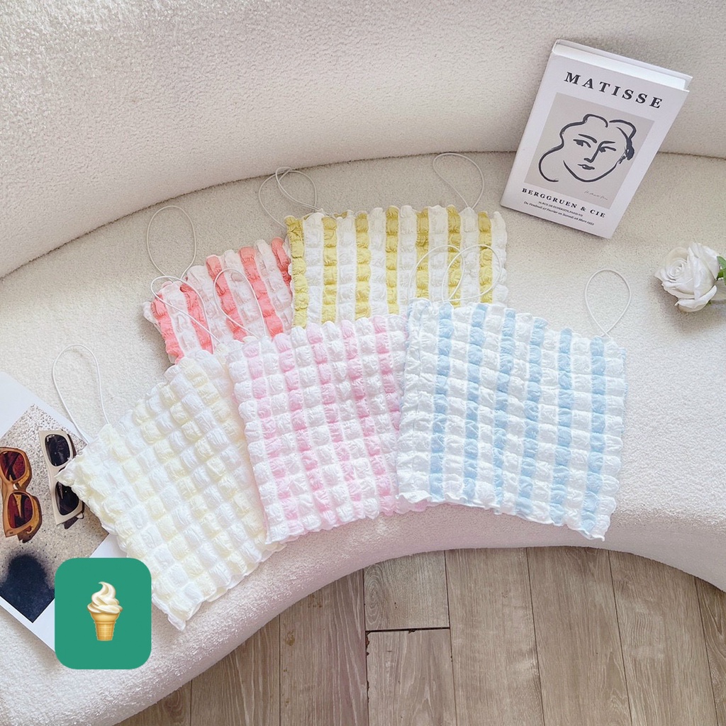 Áo 2 dây xốp phồng vuông màu sọc dễ thương , kiểu dáng croptop