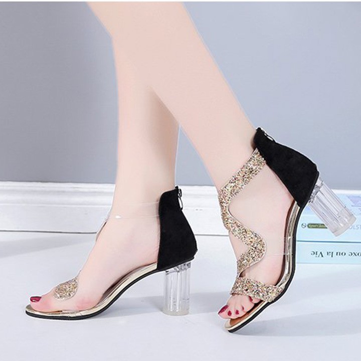 Giày Sandal Cao Gót Kim Sa Quai Dích Dắc Gót Trong 7 cm Sang Chảnh