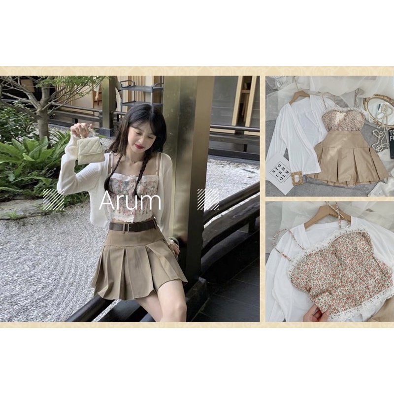 set 3 món áo kiểu 2 dây viền ren hoa nhí chân váy ngắn xếp ly chữ A và khoác len trắng tay dài