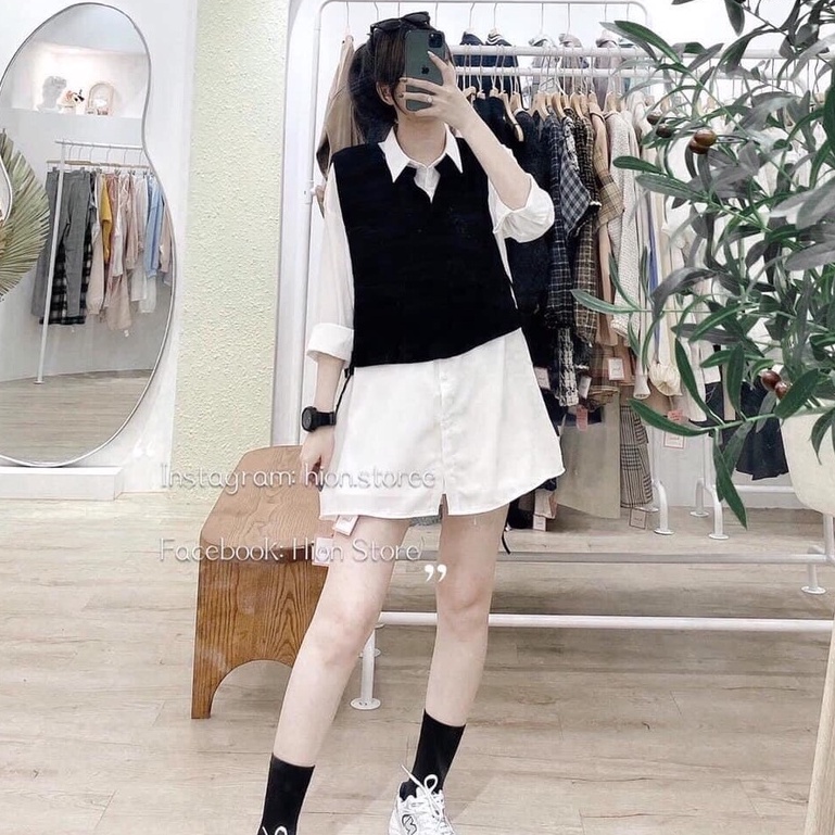 Set áo sơ mi trắng mix áo gile xinh xắn cá tính D05 | BigBuy360 - bigbuy360.vn