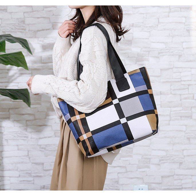 Túi Xách Tay Bằng Da Mềm Sức Chứa Lớn Họa Tiết Sọc Màu Tương Phản Đơn Giản Mới Cho Nữ
