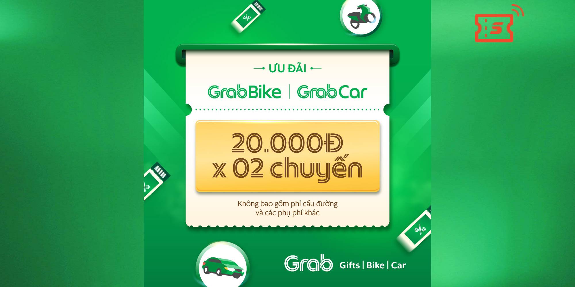 [E-Voucher] Gói ưu đãi 20k x 2 cho chuyến xe GrabBike, GrabCar trên ứng dụng Grab