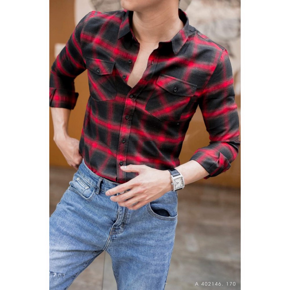 Áo sơ mi nam dài tay kẻ dạ. Áo kẻ dạ caro màu dài tay nam tính phong cách trẻ kiểu dáng ôm slimfit