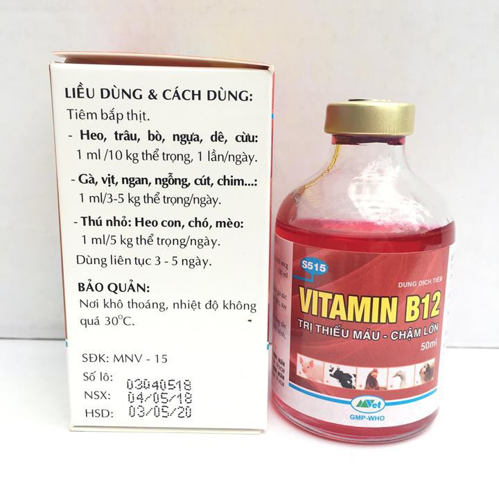 [sỉ] Vitamin B12 trị bệnh thiếu máu cho động vật, giải độc cho cây chai 50ml