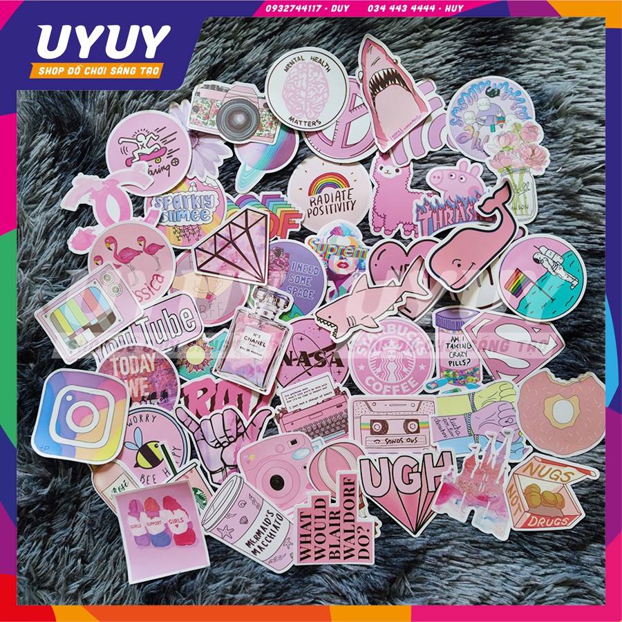 Combo 50 Miếng Sticker Dễ Thương Sticker Nhiều Chủ Đề Dễ Thương Trang Trí, Dán Nón BH, Valy, Laptop,...