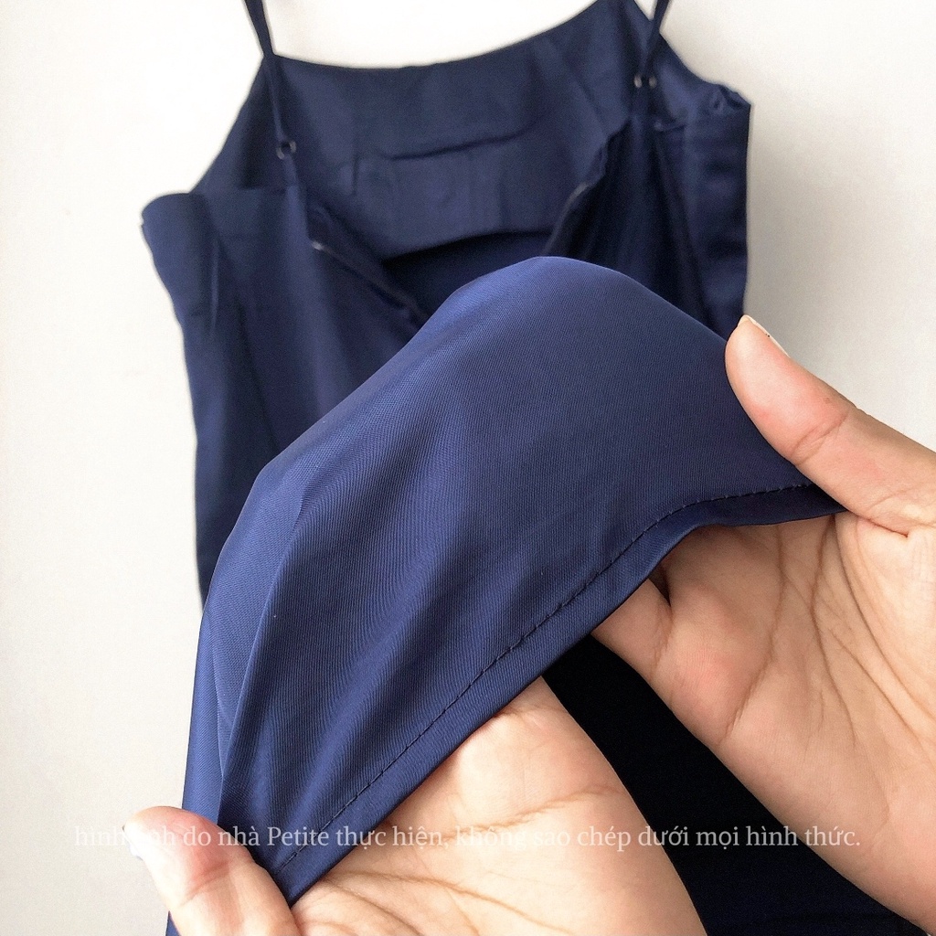 Đầm hai dây lụa satin xanh đen thiết kế xẻ tà basic tôn dáng thích hợp đi tiệc đi biển hàng xuất dư loại 1