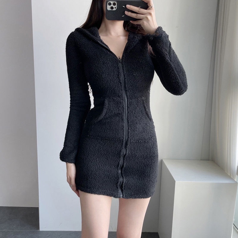 Rapcopter European and American lamb plush hat dress female zipper pocket slim look thin spicy girl hip skirt