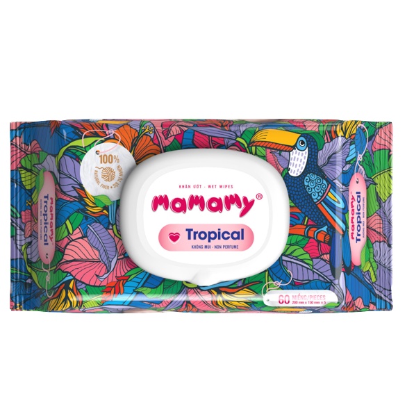 [Tặng 12 gói 60 tờ] Combo 12 gói khăn ướt Mamamy Tropical 90 tờ - 100% sợi tự nhiên ngừa hăm và rôm sẩy cho bé