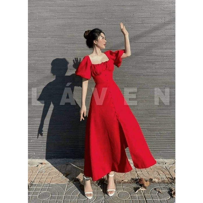 Đầm Maxi Cổ Vuông Tay Bồng Nút Bọc Tà Xẻ Chất Đũi Cao Cấp Mặc Mát, Nhẹ Đẹp Tôn Dáng [NEW UNISEX]