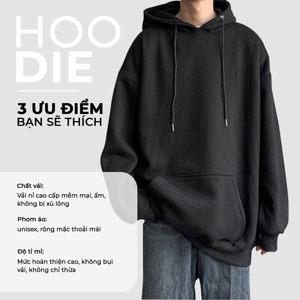 Áo khoác Hoodie Nam, Hoodie Basic Unisex Nỉ From Rộng Màu Đen