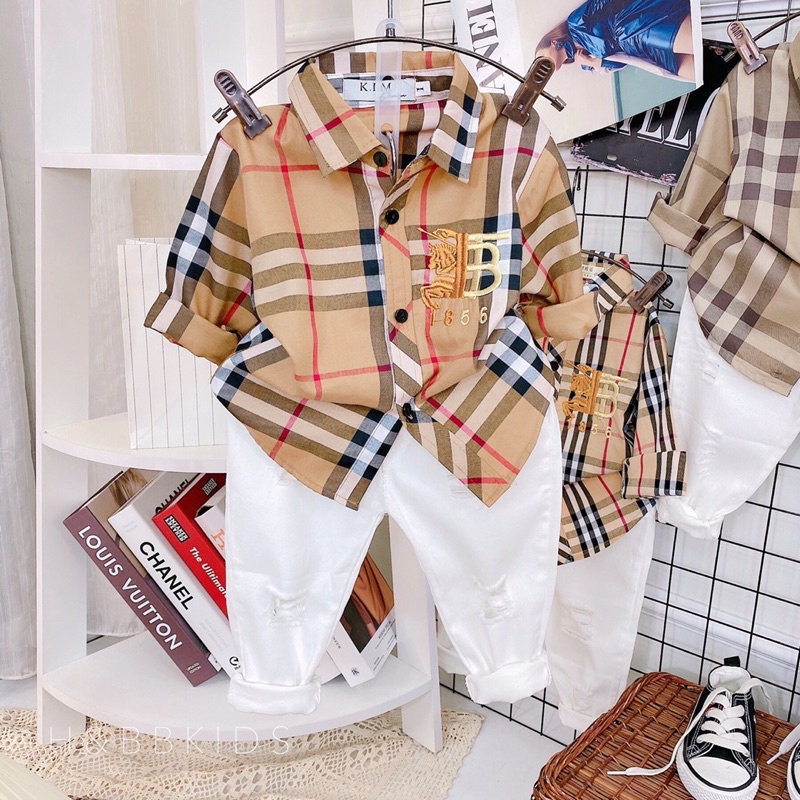 Bộ quần kaki và áo sơ mi kẻ cho bé trai 9-18kg