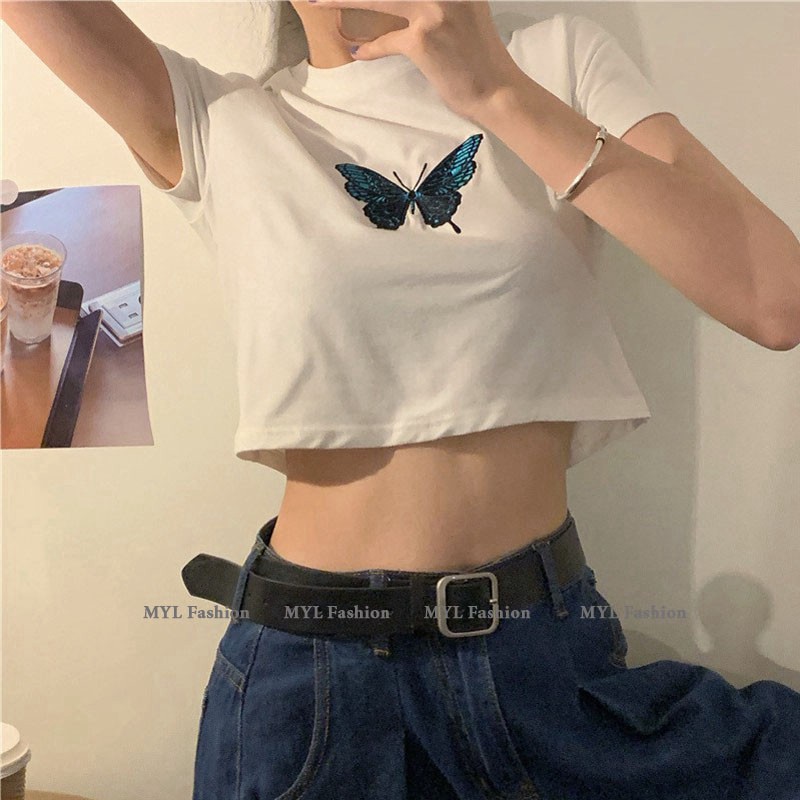 [FREESHIP] Áo Thun Croptop Ngắn Tay Thêu Hình Bướm, Áo Croptop Ôm Body Chất Cotton Xịn Hàng Cao Cấp .