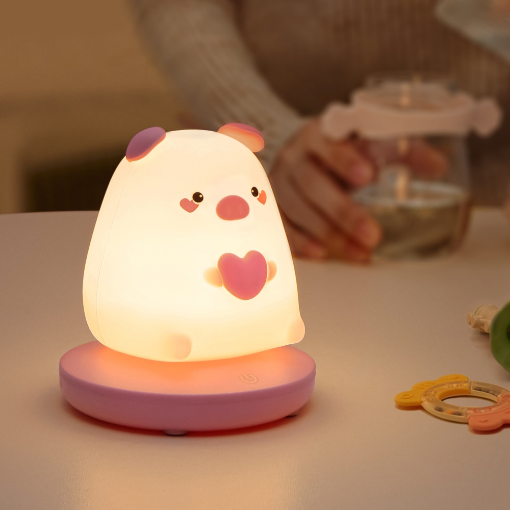 Đèn Ngủ Để Bàn Silicon Có Đế Heo Trái Tim, Ánh Sáng Vàng Ấm, 3 Chế Độ Sáng MEILI STORE