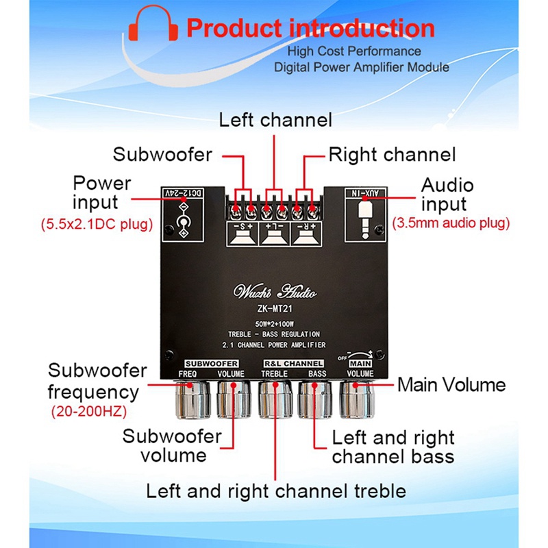 Bảng Mạch Khuếch Đại Âm Thanh Siêu Trầm Bluetooth 5.0 ZK-MT21 2.1