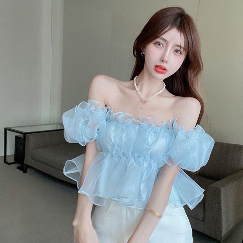 Áo Trễ Vai Voan Ngắn Tay PINKSTORE29, Dáng Phồng Thân Nhún Tiểu Thư A5429
