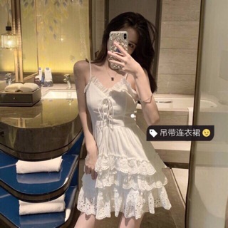 [ORDER] áo đầm 2 dây trắng tầng đục lỗ