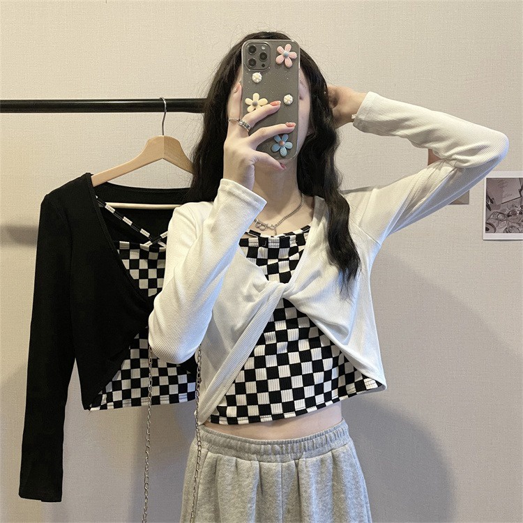 【ZHELIHANGFEI】 Áo Dệt Kim Tay Dài Giả Hai Lớp Dáng Ngắn