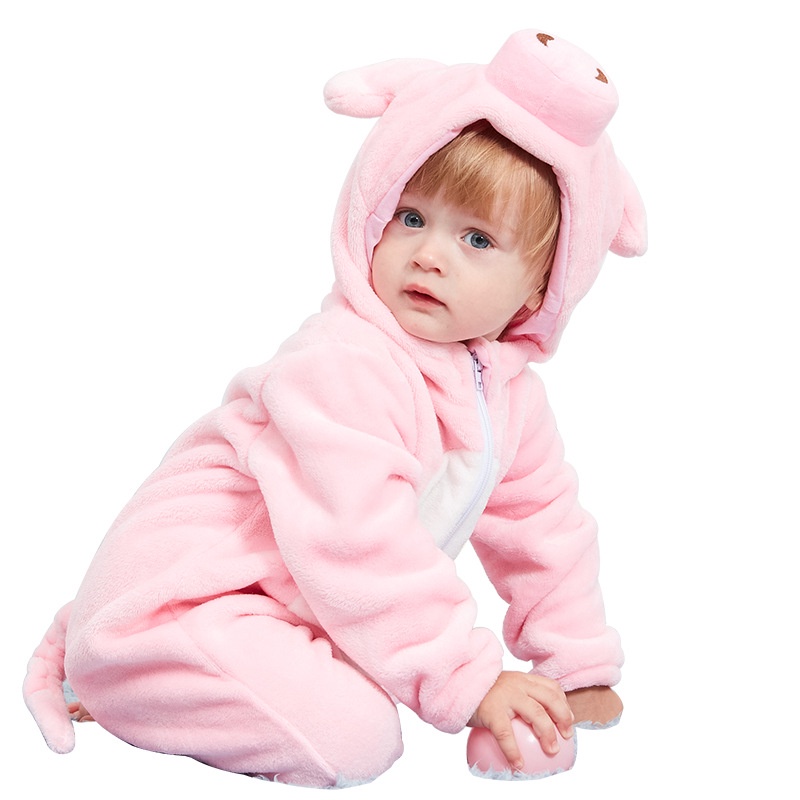 Bộ Đồ Ngủ Liền Thân Có Mũ Trùm Đầu In Hình Chú Heo Hoạt Hình Dễ Thương Dành Cho Trẻ Sơ Sinh