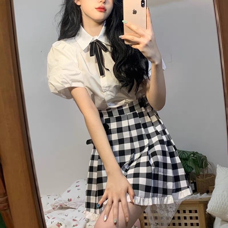 Set áo sơ mi trắng ngắn tay + Chân váy chữ a kẻ caro viền bèo trắng vintage dễ thương ulzzang Hàn Quốc [Yannie]