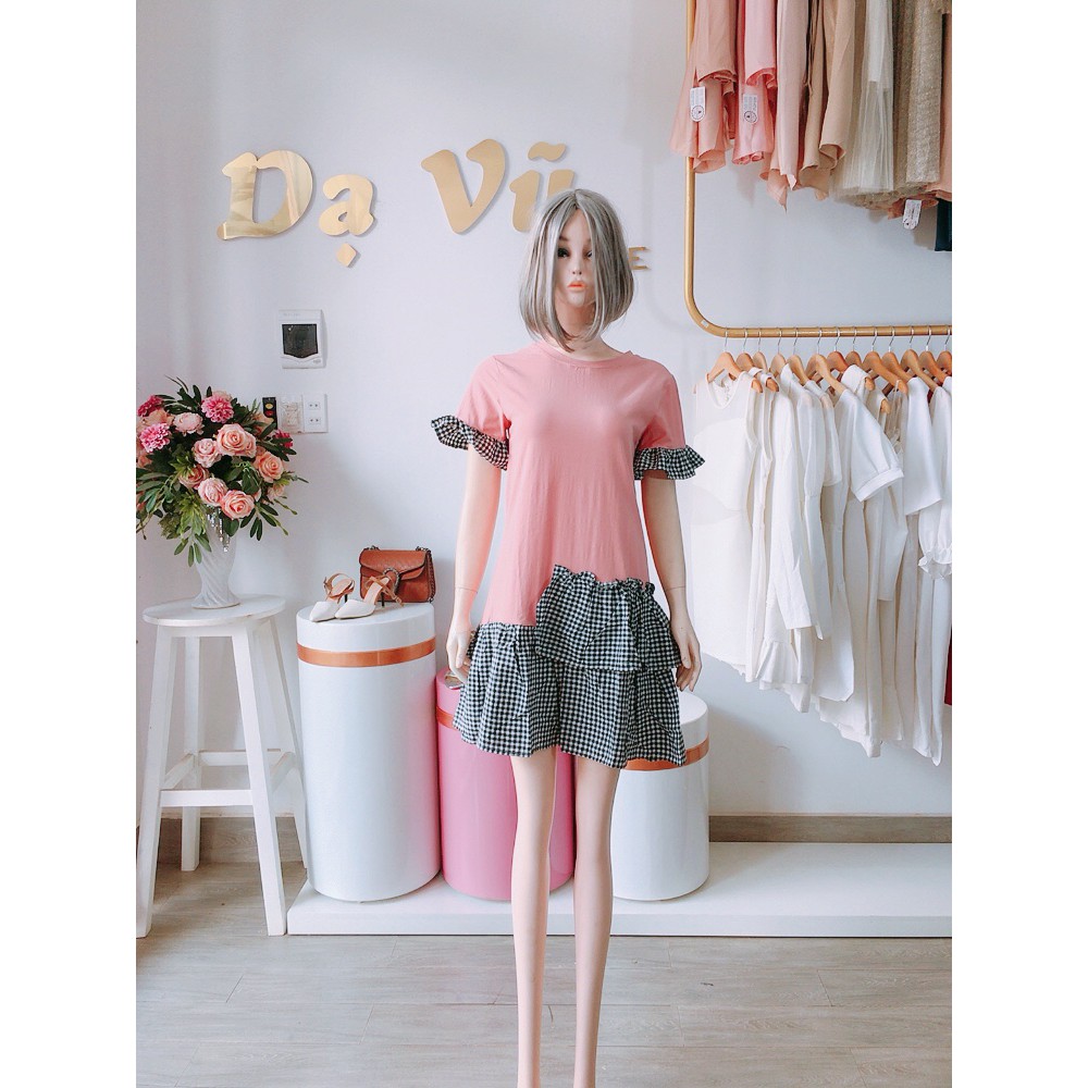 VÁY SUÔNG XÒE MÀU HỒNG PHỐI CARO ĐƠN GIẢN FOM RỘNG- Dạ Vũ House