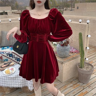 Đầm nhung tay dài eo thon ôm eo phong cách nhẹ nhàng sang trọng ulzzang ( 2 màu )