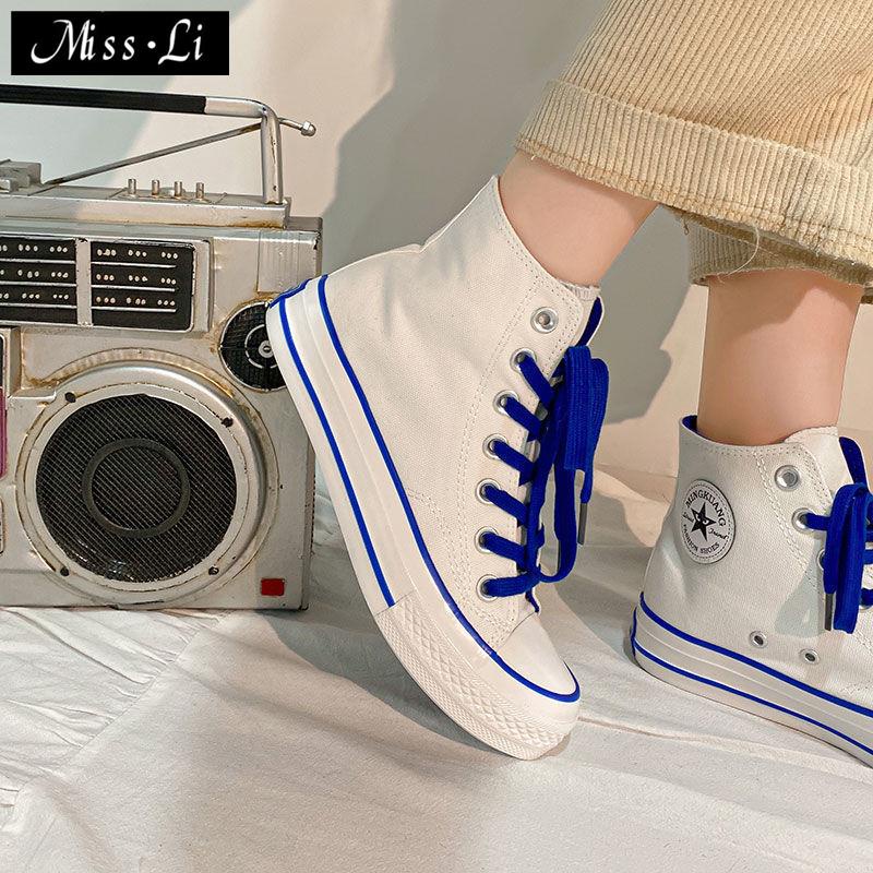 Giày Vải Canvas Màu Trắng Xanh Dương Phong Cách Thời Trang Retro Cho Nữ~2022