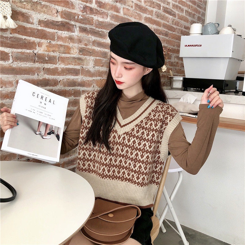 Áo len không tay cổ chữ v dáng rộng thời trang thu đông 2021