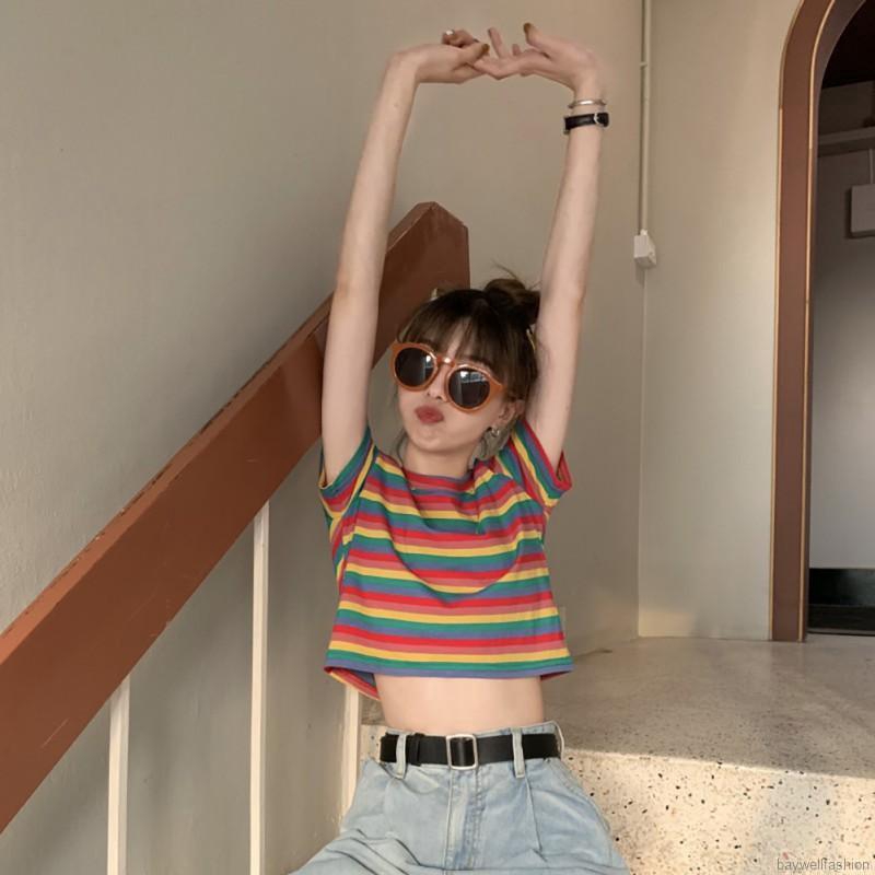 [Baywellfashion]Áo thun tay ngắn cổ tròn hoạ tiết kẻ sọc màu cầu vồng | BigBuy360 - bigbuy360.vn